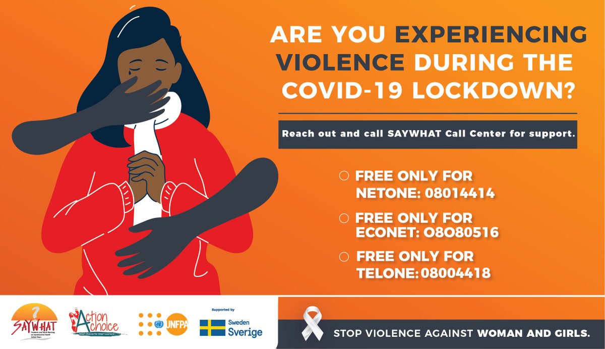 You are never alone. Don`t suffer in silence, help is close by.
<a href="/SwedeninZW/">Sweden in Zimbabwe 🇸🇪</a> <a href="/MUSASAZIM/">MUSASA</a> <a href="/wlsazim/">Women and Law in Southern Africa - Zimbabwe</a> <a href="/healthtimeszim/">𝐇𝐞𝐚𝐥𝐭𝐡 𝐓𝐢𝐦𝐞𝐬</a> <a href="/ZimWomenLawyers/">ZWLA</a> <a href="/WCOZIMBABWE/">Women's Coalition of Zimbabwe</a> <a href="/ZNCWC/">#ZNCWC</a> @nangozim <a href="/unwomenzw/">UN Women Zimbabwe</a> <a href="/UNFPA_Zimbabwe/">UNFPA Zimbabwe</a> <a href="/euinzim/">EU Delegation to Zimbabwe 🇪🇺</a> <a href="/PoliceZimbabwe/">Zimbabwe Republic Police</a> <a href="/AdultRapeClinic/">ARC</a> <a href="/PadareMen/">Padare</a> <a href="/OxfaminZim/">Oxfam In Zimbabwe</a> <a href="/GenderZimbabwe/">Zimbabwe Gender Commission</a> <a href="/advc_zim/">Anti-Domestic Violence Council of Zimbabwe</a>