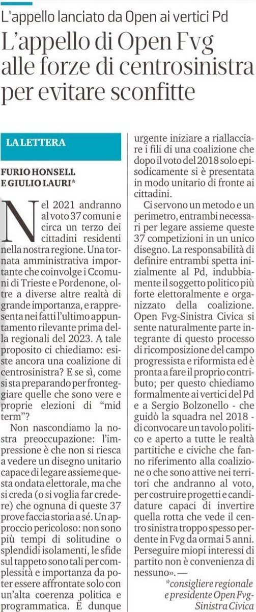 #CentroSinistra: l'articolo - appello a doppia firma #FurioHonsell e <a href="/GiulioLauri/">Giulio Lauri</a>, Presidente <a href="/OpenFvg/">Open FVG</a> - Sinistra Civica in merito alle  #elezionicomunali 2021.
Clicca qui sotto per leggere integralmente l'articolo apparso ieri nel  quotidiano "<a href="/il_piccolo/">Il Piccolo</a>":