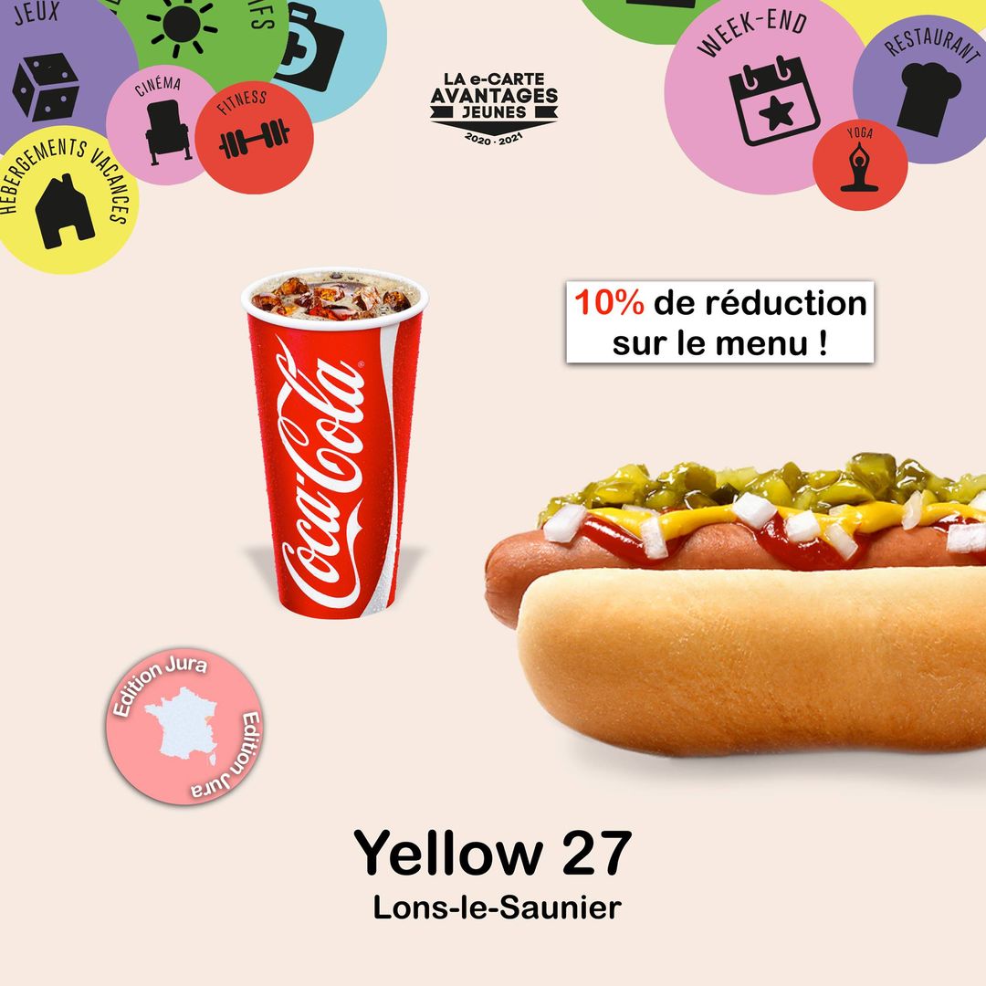 C'est lundi  ✨ Fonce au Yellow 27 📍 Lons le Saunier et bénéficie de 10% de réduction sur l'achat d'un menu 🌭🥤 grâce à ta e-Carte Avantages Jeunes 🚸
￼
➡️ avantagesjeunes.com/avantage/30099
🌐 Connecte toi sur Avantages Jeunes et retrouve tous les avantages près de chez toi !