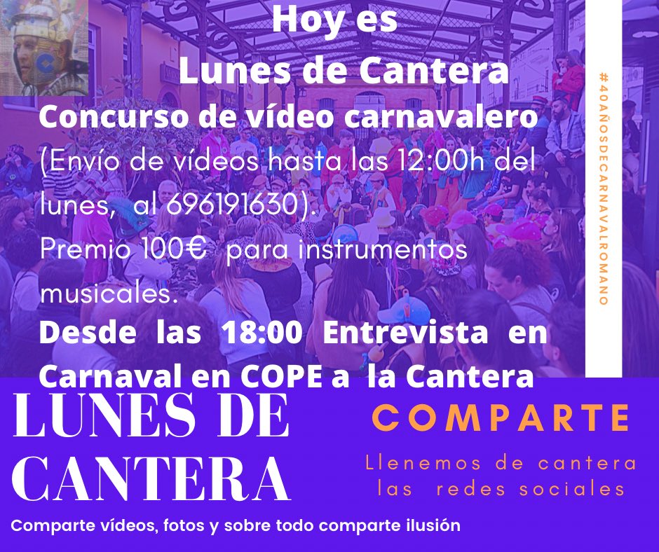 Hoy es Lunes de Cantera en el #CarnavalRomano.
Comparte tus fotos, vídeos y llena de ilusión las Redes Sociales.
#40AñosdeCarnavalRomano