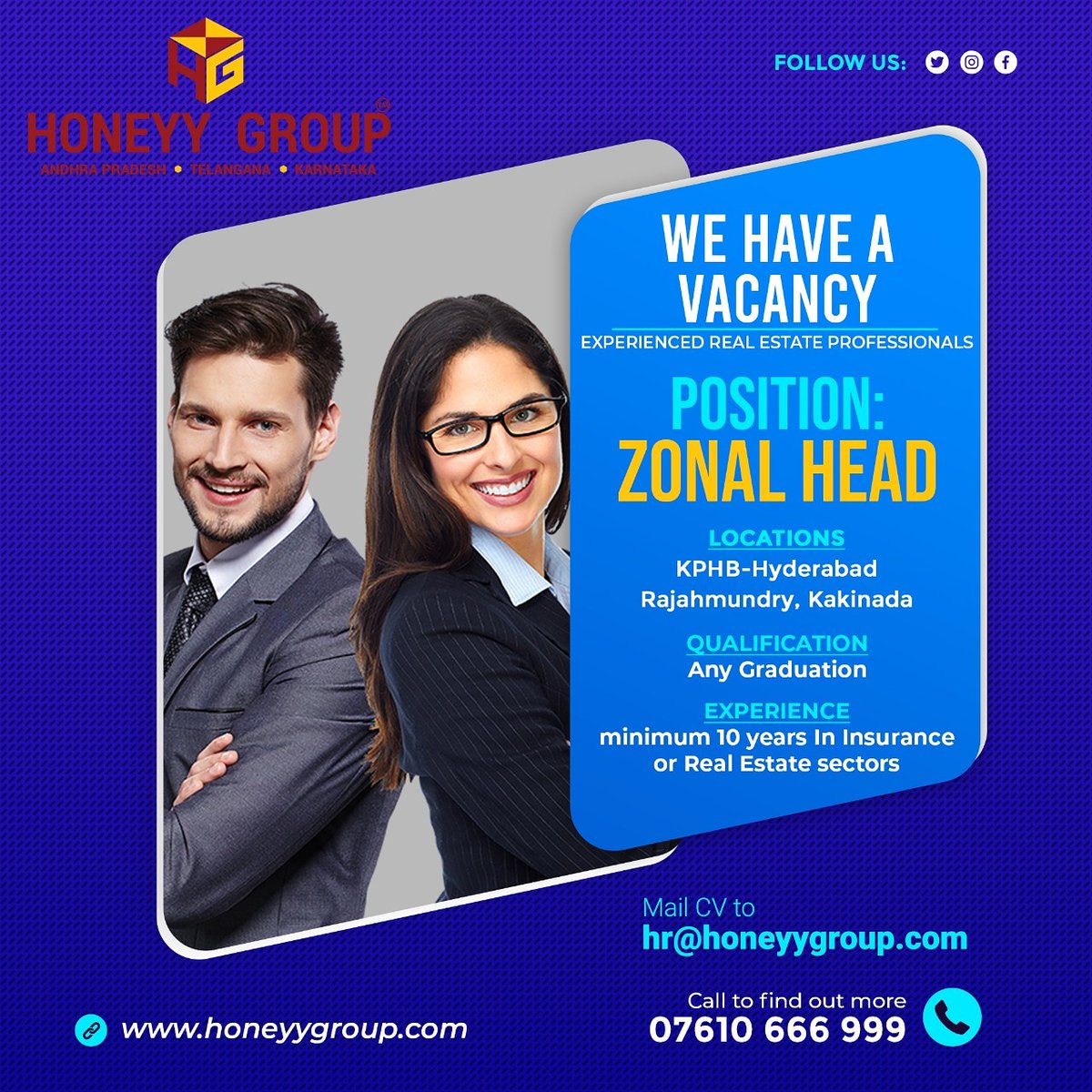 HoneyyGroup's tweet photo. 🔊We're hiring for #ZonalHead position at KPHB-Hyderabad, Rajahmundry ad Kakinada.
💁Come join us. We're looking for you.
📨Mail us: hr@honeyygroup.com
#Hiring, #HoneyyGroupcareers, #BranchHeadpositions, #salesrecruiting #ZoanlHeadrecruiting, #KPHB, #Rajahmundryjobs https://t.co/vzwqoY069K
