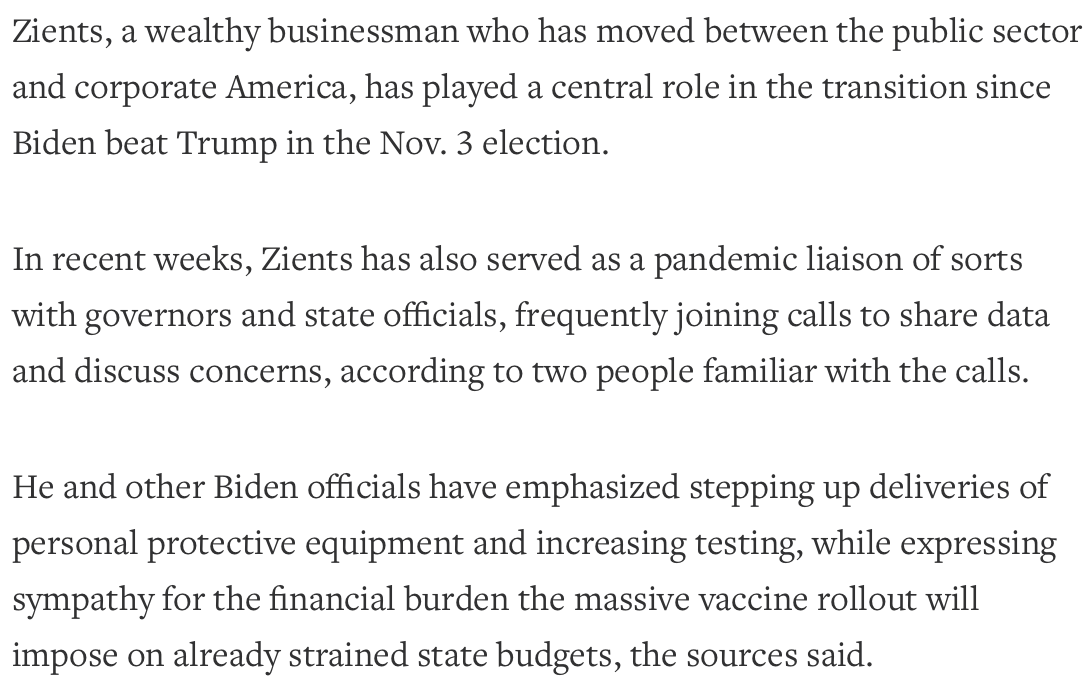 After the November 3rd election, Zients served on Biden's transition team and corresponded with governors and state officials regarding the pandemic. In early December he was named as Biden's covid coordinator.  https://www.reuters.com/article/us-usa-biden-zients/biden-pick-for-covid-19-czar-faces-daunting-task-of-pandemic-response-idUSKBN28D1FZ