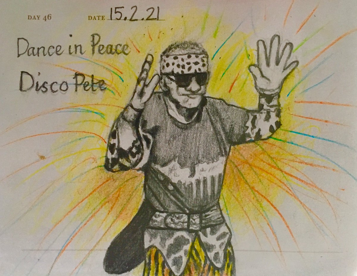 Venster67's tweet photo. One Sketch A Day 15.2.21
‘Dance in Peace, Disco Pete’
#discopete #ripdiscopete #danceinpeace #brightonlegend @brightonargus #onesketchaday #sketchbook #art #illustration #pencilcrayon https://t.co/29x5kooMBU