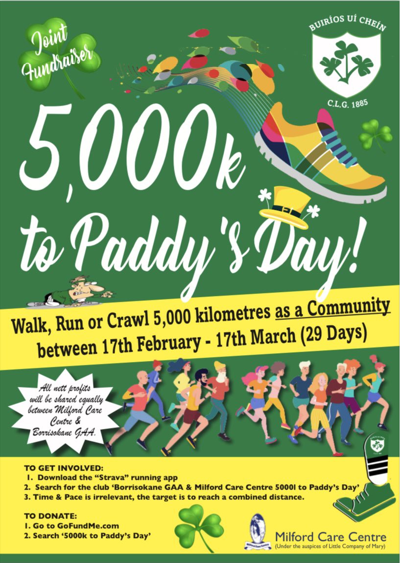 BorrisokaneGAA's tweet image. If your are happier to just donate please go to GoFundMe.com and search ‘5000K to Paddy’s Day’ or click on the link below ⬇️. On behalf of everyone in both Borrisokan GAA &amp;amp; Milford Care Centre we say a sincere 'Thank You'🙏🏻☘️

gofund.me/b6ec970c