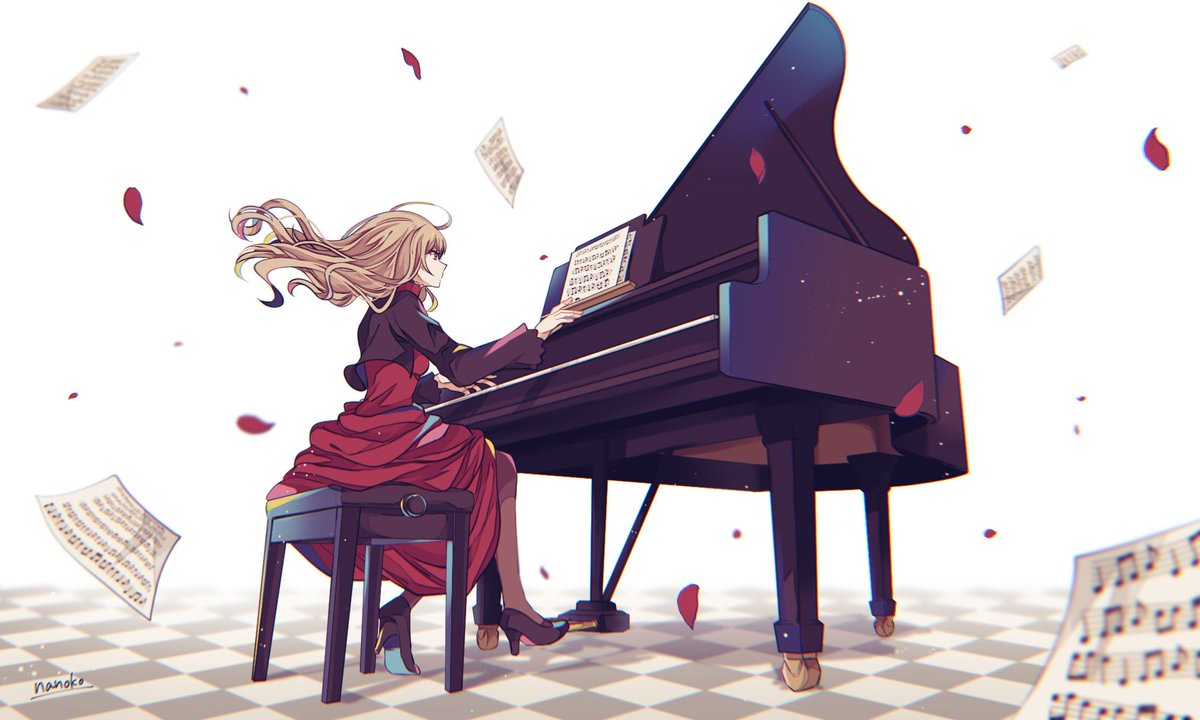 piano 1girl music long hair sheet music solo instrument  illustration images