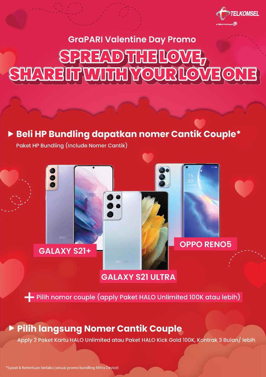 Kunjungi GraPARI RENON dan dapatkan bundling Galaxy S21 atau OPPO Reno5 dengan Nomor Cantik Couple sebagai hadiah orang tersayang di hari spesial.

telkomseljawabali.com/referral/72/7R…