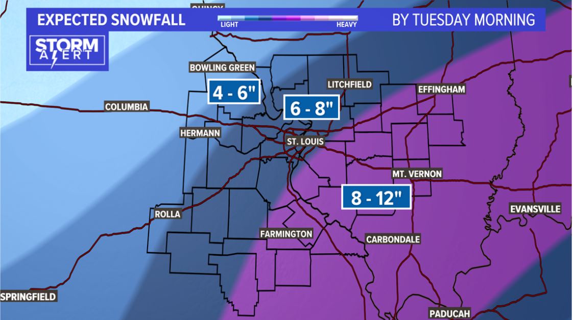 alliecoreyfox13's tweet photo. Here's what you can expect for snow totals by Tuesday Morning. We've got you covered on Today in St. Louis starting at 4:30AM. @ksdknews @WthrmnSlaughter @reneknottsports @MonicaAdamsTV @savannahKSDK @RyanDeanKSDK #TISL #STLsnow https://t.co/MAhg0Wld73