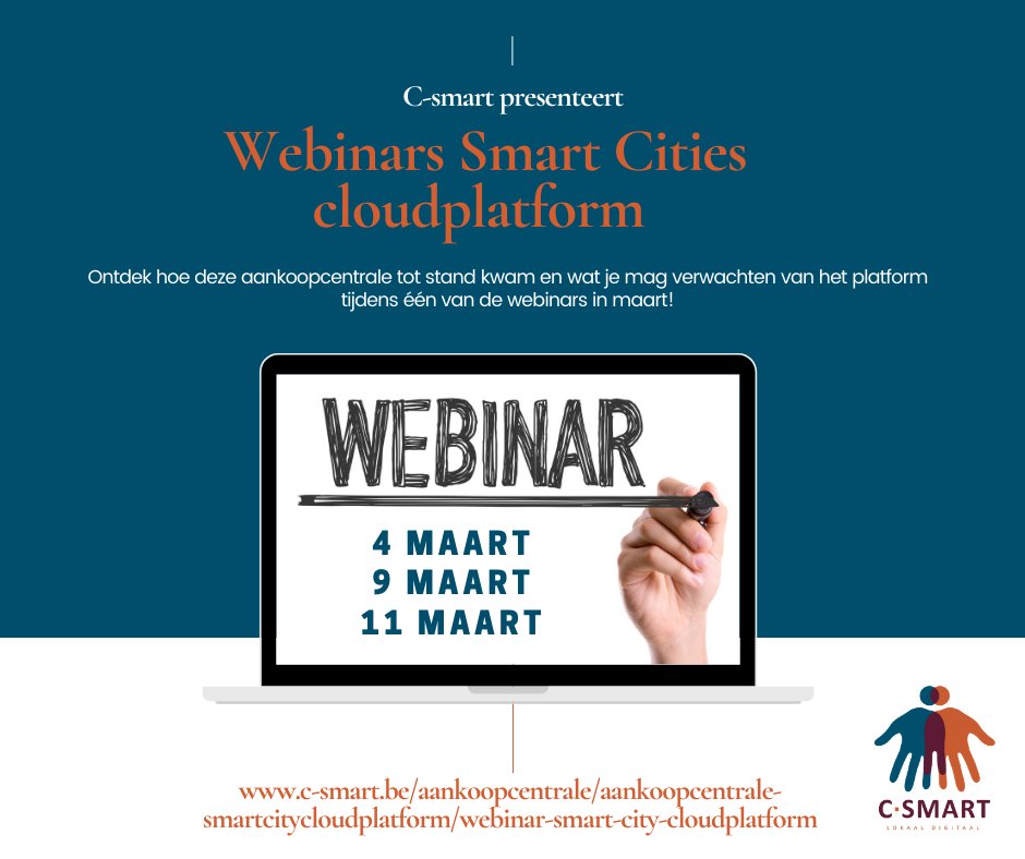 csmart_be's tweet image. Benieuwd naar hoe de aankoopcentrale Smart Cities cloudplatform tot stand kwam en wat je van de functionaliteiten mag verwachten? Schrijf je nu in voor één van de drie webinars! 
ow.ly/SBm150DAlb7