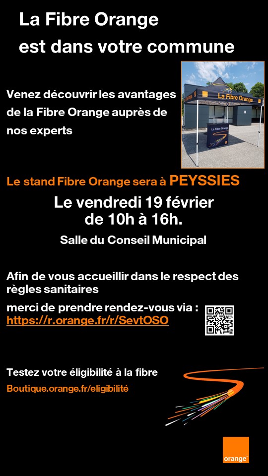 Peyssissois et Peyssissoises, vous souhaitez des informations et souscrire à la #fibre ? Le 19/02, David et Romain, conseillers #orange, vous accueillent, salle du Conseil Municipal, à Peyssies. <a href="/daviddaraux/">David Daraux</a> <a href="/BlanchardMylene/">Mylene Blanchard</a> <a href="/ggleonardon/">Leonardon Géraldine</a> <a href="/chacha353431/">Charlene hervault</a> <a href="/mthiieu/">Mathieu Galy</a> <a href="/laurencelang31/">Laurence Lang</a>