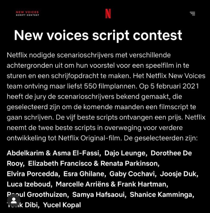 Ik had dit nieuwtje hier nog niet gedeeld, maar ik ben een van de 15 geselecteerde schrijvers die een script mag schrijven voor Netflix!🎬
#netflixnewvoices