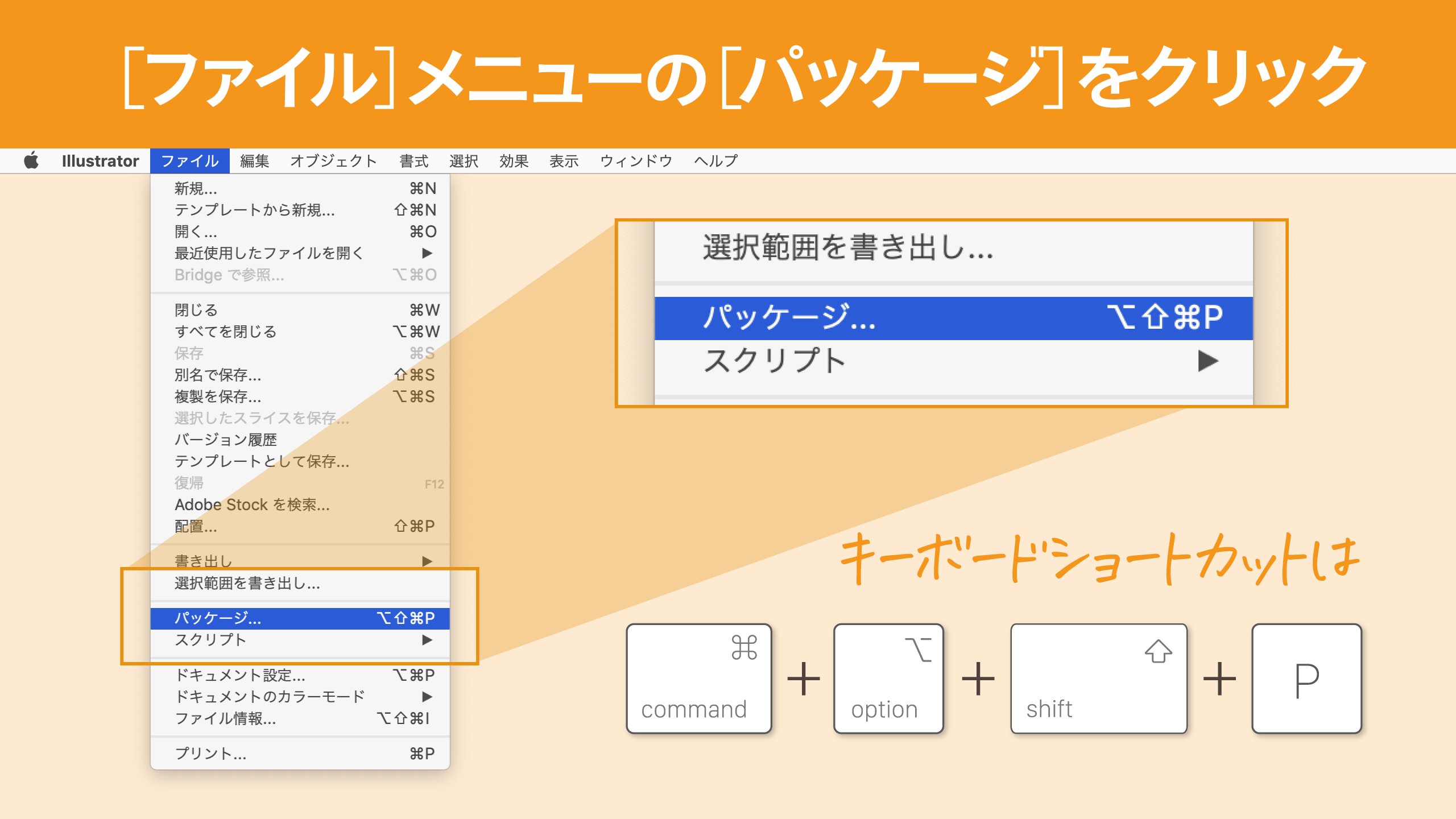 Dtp Transit Illustrator ファイルを渡すときには リンクファイルがないよ を避けるために必ず ファイルの収集を行いましょう ファイル メニューの パッケージ をクリックし 場所 書き出し先 フォルダーを指定します リンクファイルは