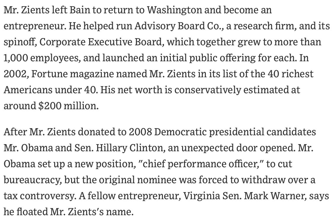 About Zients: He attended St Albans School and Duke. He then worked as a management consultant for Bain & Co. Following that he helped run two companies. As of 2012 his net worth was estimated at $200 million. In 2009 he joined the Obama administration. https://www.wsj.com/articles/SB10001424052702303644004577523071816686902