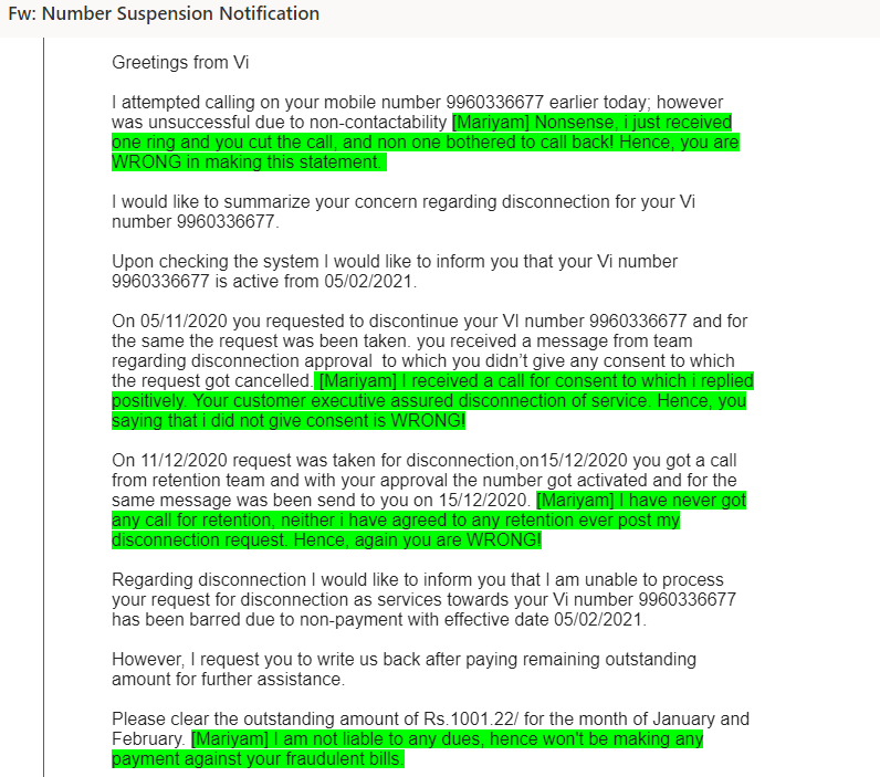 Mariyamp's tweet photo. @ViCustomerCare another ridiculous email from your customer care and my response in green. #stop #harassment  #fraudulent #malpractices #worst #CustomerExperience https://t.co/4DLTL4wyCF
