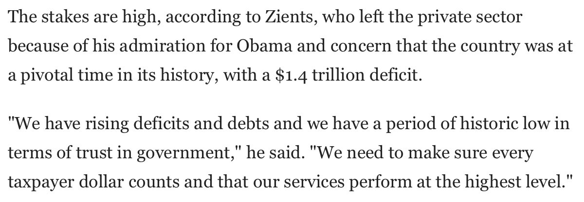 At a time when the unemployment rate stood at 9%, higher than it had been in over 25 years, Zients was reportedly inspired to enter public service out of concern about the national debt. https://www.thefiscaltimes.com/Articles/2010/06/14/OMBs-Zients-Cuts-Through-the-Red-Tape
