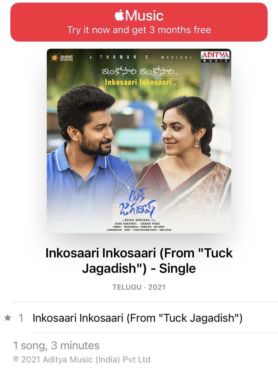 ShivaNirvana's tweet photo. Available in applemusic now 
#InkosariInkosari enjoy❤️
@Tuckjagadish  @MusicThaman 
@Shine_Screens @adityamusic https://t.co/zA3hVBCPdb