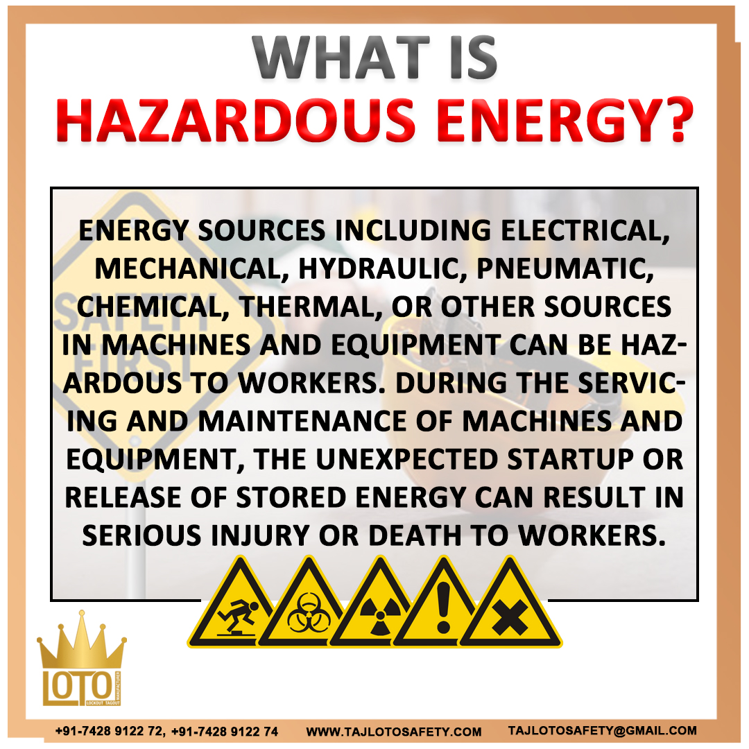 Hazardous Energy, What are those?
Taj Loto safety
For contact and enquiries
Call
+91-7428912272
+91-7428912274
or
Email us at
Tajlotosafety@gmail.com
.
#tajlotosafety #hazardous #hazardousenergy #enrgysource #electricalsafety #mechanicalsafety #pneumatic #pneumatics #chemical