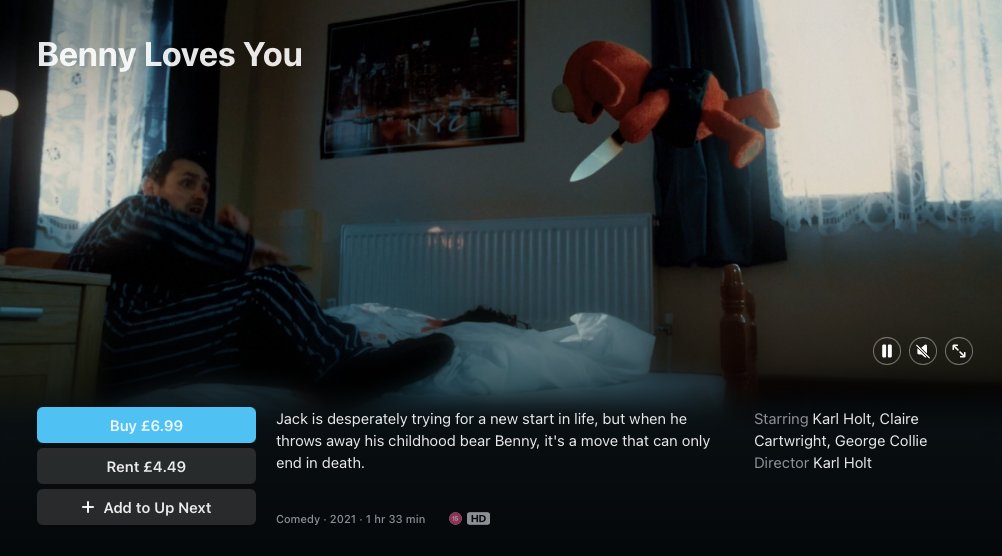 Alright British-folk, it's happening. Benny Loves You is out on the digishops today!  https://tv.apple.com/gb/movie/benny-loves-you/umc.cmc.2d2o0cgdmkmfeugm8lbmdr9m9You will absolutely *love* this movie (as much as Benny loves you ;P )
