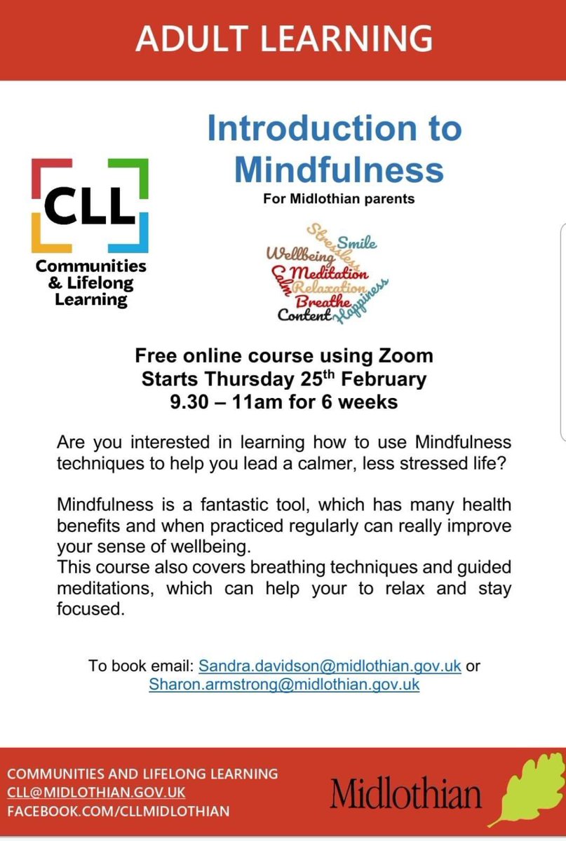 Parents - Mindfulness can be a useful tool leading to a calmer and less stressed life.  Our partners in Communities &amp; Lifelong Learning will be facilitating an online course via Zoom.  See more info below
