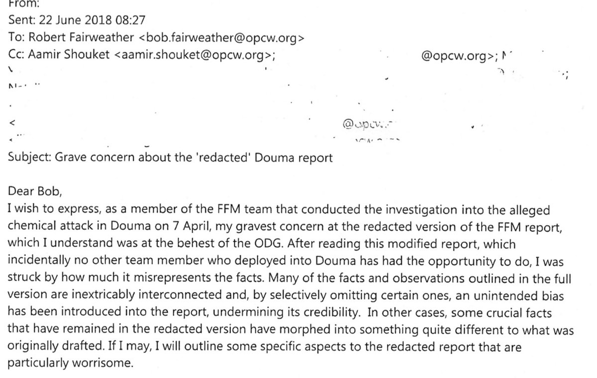 2) That the controversy started when the original interim report, drafted and agreed by Douma inspection team members, was secretly modified by an unknown OPCW person who had manipulated the findings to suggest an attack had occurred.  https://wikileaks.org/opcw-douma/document/Internal-OPCW-E-Mail/Internal-OPCW-E-Mail.pdf…  @RobertF40396660