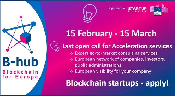 🤩This is the day! <a href="/B_Hub4eu/">B-hub Blockchain for Europe</a> last open call for acceleration services is opened! 

#blockchain startups take your chance now!

📍Why applying? bit.ly/3i5bUFS

📍How does it work? bit.ly/2D93oWR

📍Application! bit.ly/3ahLSh0