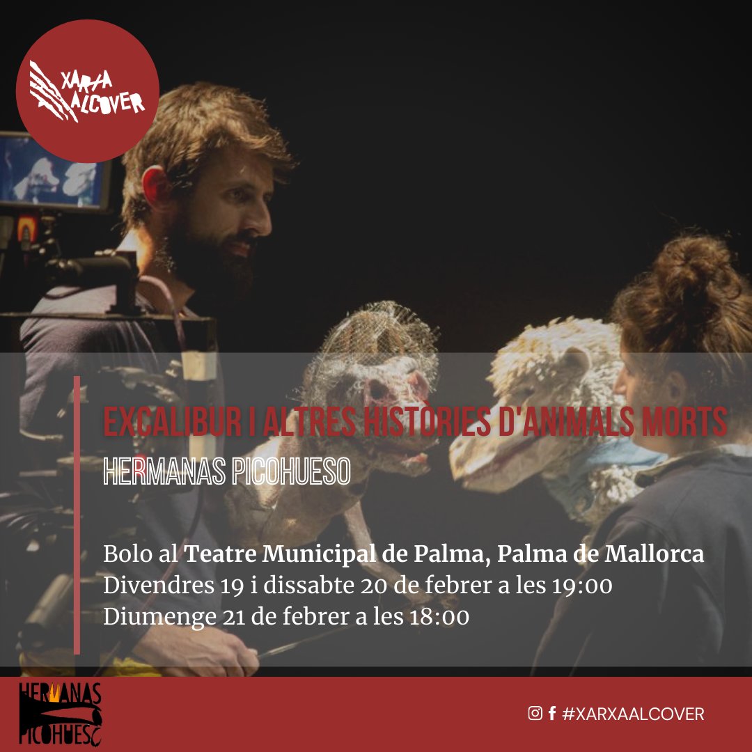 Aquest cap de setmana Excalibur i altres històries d'animals morts de <a href="/picohueso/">Hermanas Picohueso</a> està al <a href="/teatreprincipal/">Teatre Principal de Palma</a> de Palma:
🎭Divendres i dissabte a les 19h
🎭Diumenge a les 18h

Entrades➡️teatreprincipal.com/es/ficha/detal…

*Espectacle seleccionat a la gira #XarxaAlcover 2020/21
#CulturaSegura