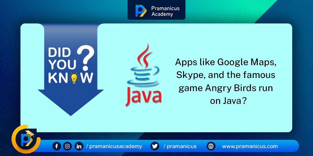 pramanicus's tweet image. Java is a programming language that helps in running several applications like social media apps, video apps, and games. 

The fact that popular applications like Skype, Google Maps, and Angry birds run on Java shows its significance.

#DidYouKnow #pramanicus