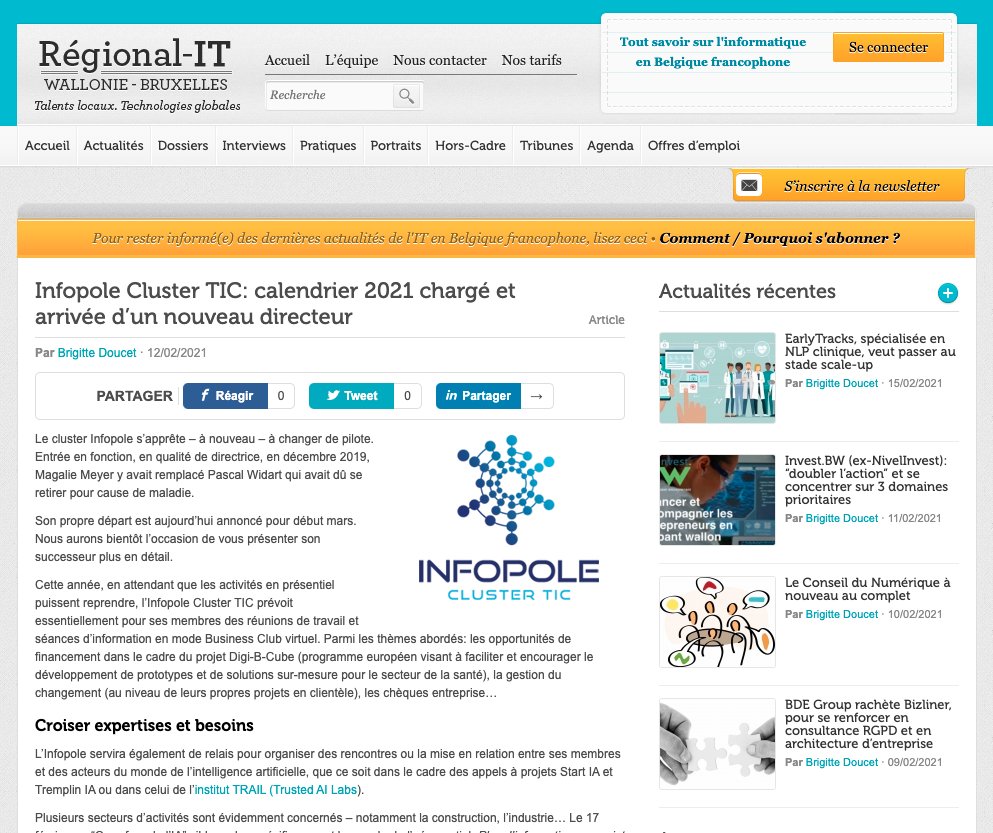 🗞 INFOPOLE Cluster TIC "Calendrier 2021 chargé et arrivée d’un nouveau directeur" 👉 ow.ly/FFh350DAk45

🔜 Présentation du nouveau Directeur