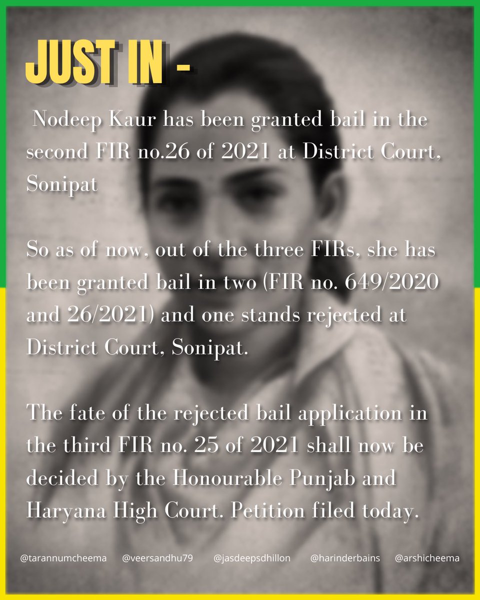 AbhaysherMann's tweet image. Just in on Nodeep Kaur Case. @HarinderBains15 @Jasjourno @amaanbali @PunYaab @jsdhillon_adv @mandeeppunia1 @ANI @rupikaur_ @Monica_Gill1 #NodeepKaur #FreeNodeepKaur @asidhu_ @thetribunechd
