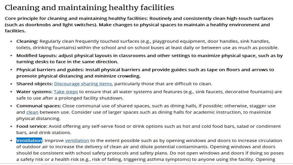 Alright, back to the new CDC guidance document again.Later in the doc, they do actually mention 'ventilation' by name, this time in the expanded "cleaning and healthy facilities" section.It's at the bottom, buried, but it's there...9/n
