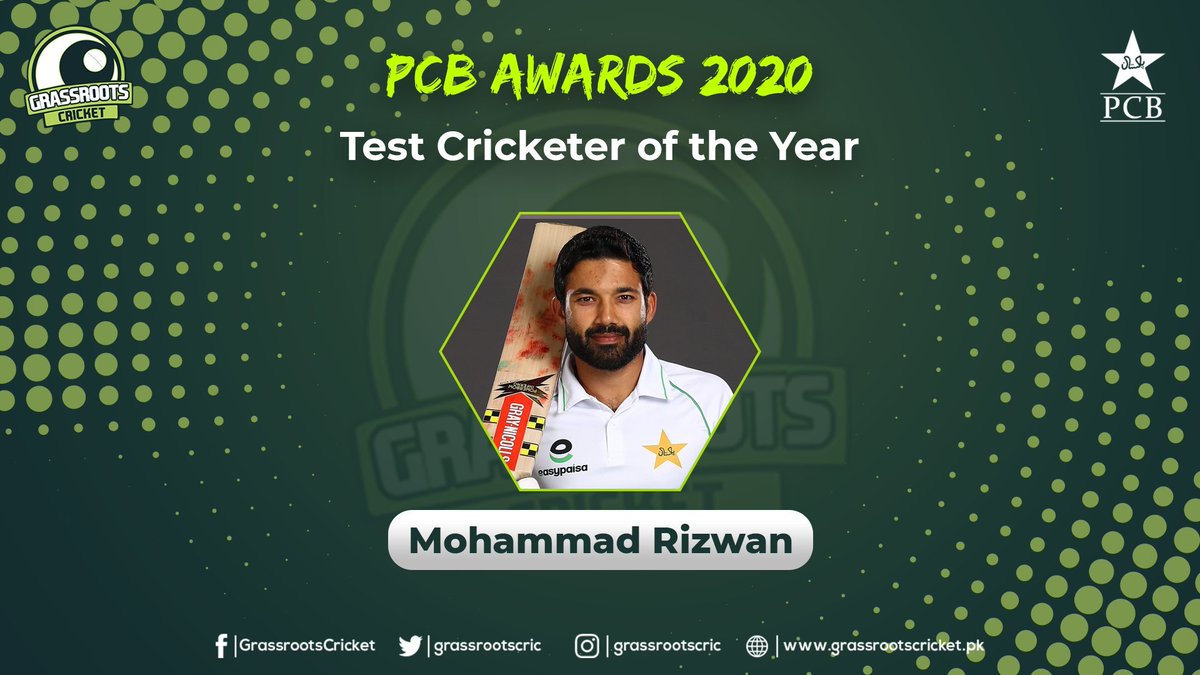 Mohammad Rizwan is declared Pakistan's Test Cricketer of the Year for 2020.In five Tests in the year, he made 302 runs, with four fifties at an average of 43.14. He also accounted for 12 dismissals as wicket-keeper.