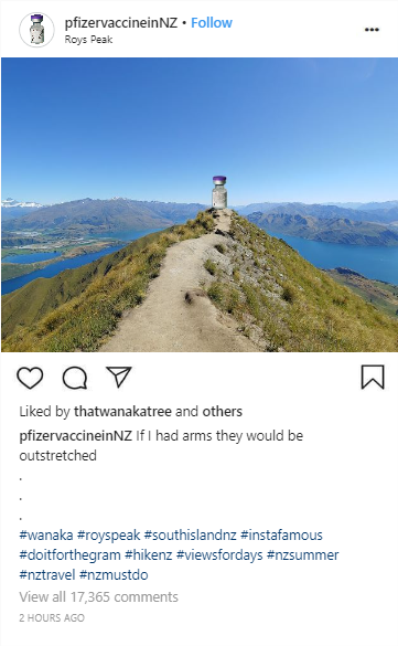 The Pfizer/BioNTech vaccine is having the time of its life here in NZ. #doingitforthegram