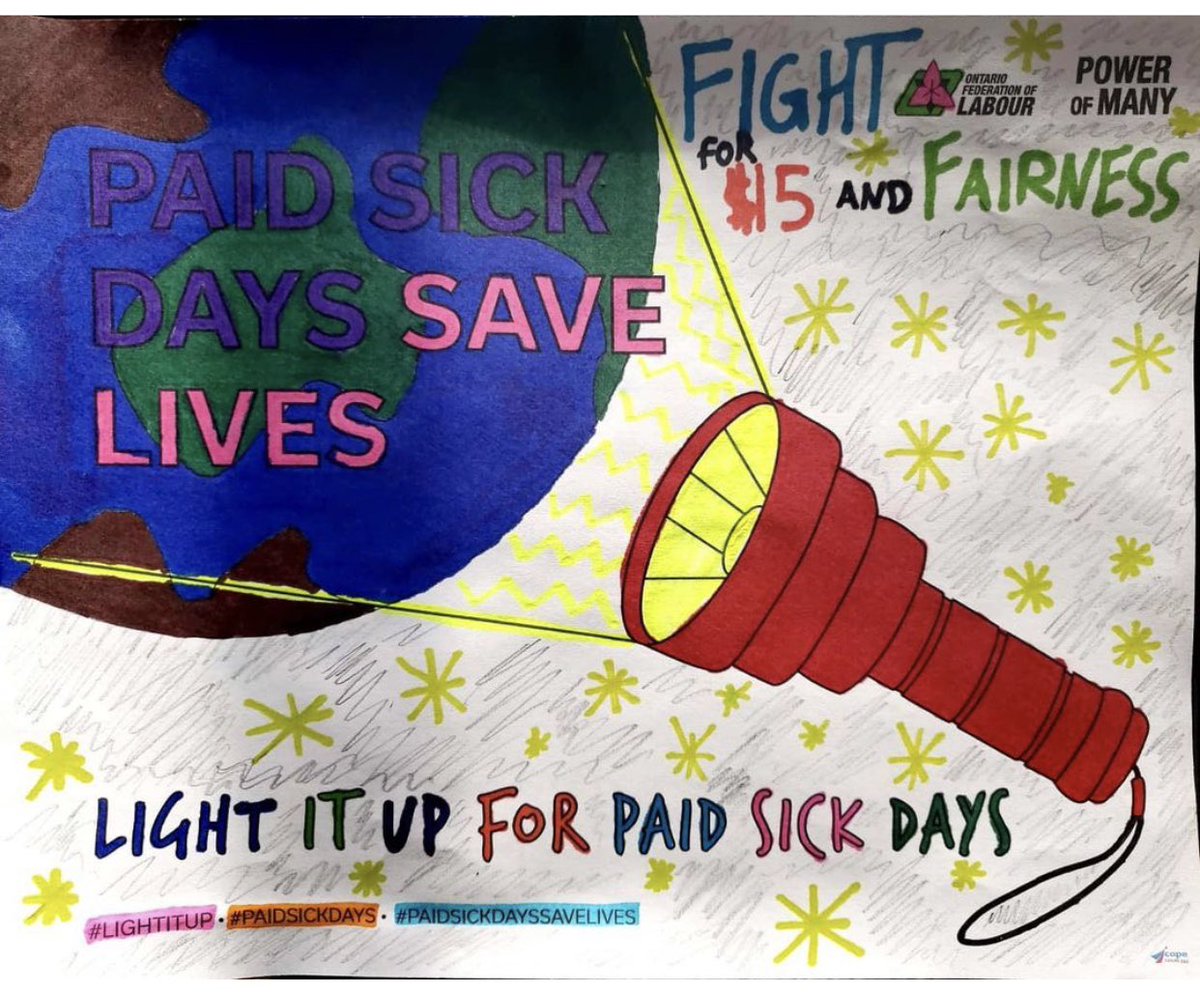 CFNUPresident's tweet photo. Always in support of #PaidSickDays and @OFLabour campaign #Lightitup   And knowing I have no artistic bone in me and got permission to  borrow my son’s doodling project @AlexSilasPSAC #onlab #onpoli #canlap https://t.co/Kx4mFKuV6Y