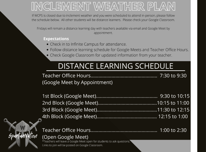 SouthWarrenHigh's tweet photo. Attention Spartans!  Please be aware of the new schedule for inclement weather/snow days! https://t.co/aq2Qx1XRCI