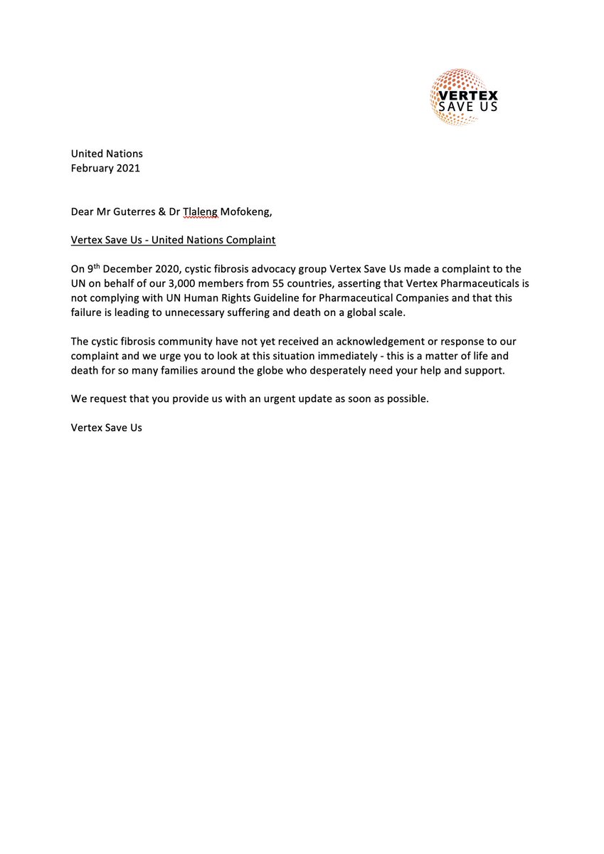 Please come and sign our letters to Vertex and the UN insisting on immediate worldwide access to Vertex medicines for ALL patients with CF. To do this join our FB group now:  facebook.com/groups/VertexS… 

#globalCFfamily #ignored Together we will be heard.
