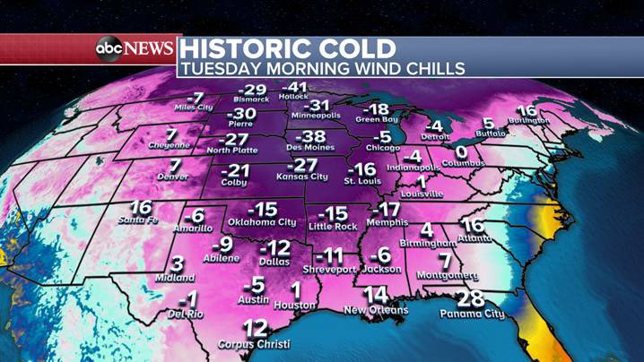 The coldest air temp this morning was -43 in northern Minnesota, -41 in Wisconsin.

Midland, TX -2 deg coldest in 32 years
Hastings, NE -26, coldest Feb temp on record
Goodland, KS -23, coldest Feb temp on record. <a href="/Wx_Max/">Max Golembo</a> <a href="/SamWnek/">Sam Wnek</a> , wind chill tomorrow morning: