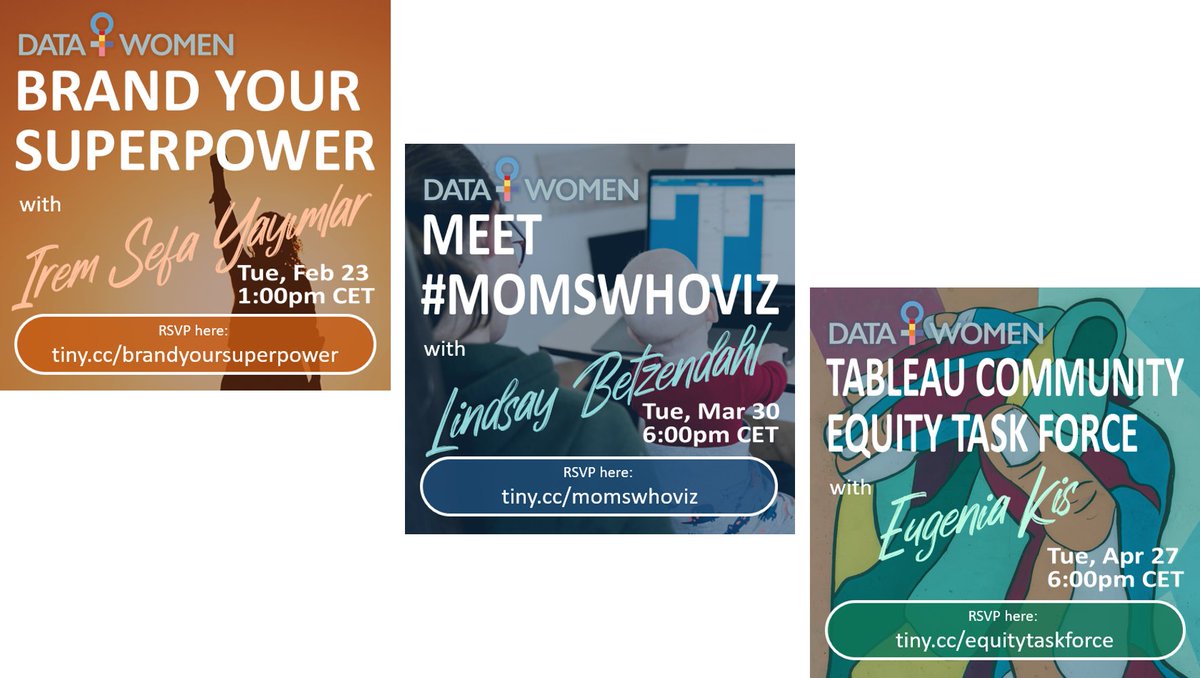 We have THREE great #DataPlusWomen events coming up! Tune in on every last Tuesday of the month and soak in some brilliance from our fantastic speakers Irem, <a href="/ZenDollData/">Lindsay Betzendahl</a> and <a href="/talva_cz/">Eugenia Kis</a>

RSVP for our next event: usergroups.tableau.com/brandyoursuper…
Subscribe to our hub: usergroups.tableau.com/datawomengerma…