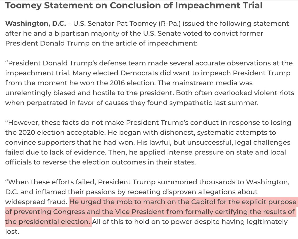 Toomey: "A lawless attempt to retain power by a president was one of the founders’ greatest fears motivating the inclusion of the impeachment authorities in the U.S. Constitution...His betrayal of the Constitution & his oath of office required conviction” https://www.toomey.senate.gov/newsroom/press-releases/toomey-statement-on-conclusion-of-impeachment-trial