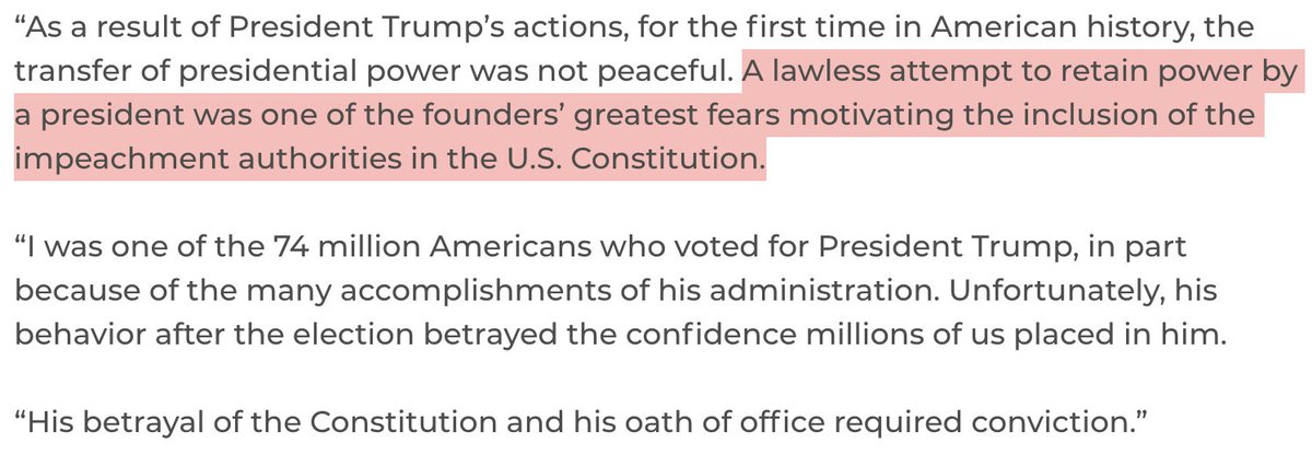 Toomey: "A lawless attempt to retain power by a president was one of the founders’ greatest fears motivating the inclusion of the impeachment authorities in the U.S. Constitution...His betrayal of the Constitution & his oath of office required conviction” https://www.toomey.senate.gov/newsroom/press-releases/toomey-statement-on-conclusion-of-impeachment-trial