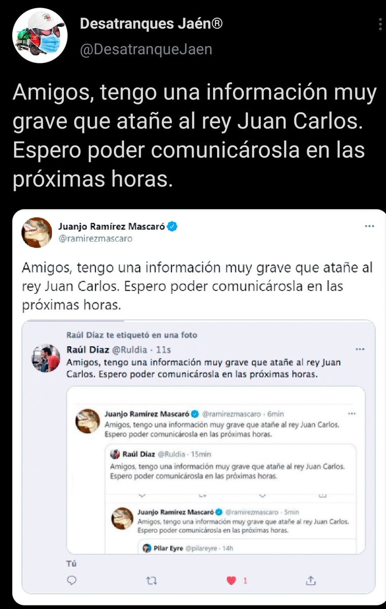 tocateeltuiter's tweet photo. Amigos, tengo una información muy grave que atañe al rey Juan Carlos. Espero poder comunicárosla en las próximas horas. https://t.co/Y51xkDxh7I