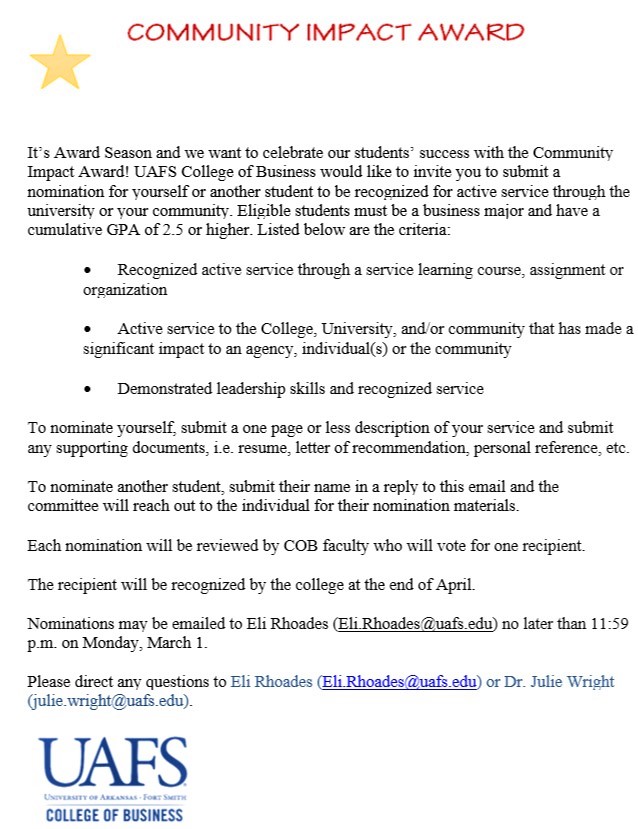UAFSCOB's tweet photo. COB Students - It's time for the 2021 Community Impact Award! If you are interested please view the below document for more details or check your email. Be safe out there! https://t.co/orBzisqufX