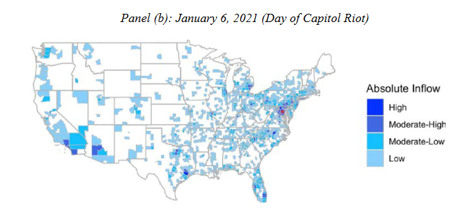 So first off, here's a map of non-resident cell phones that pinged around Trump event or the Capitol insurrection (crucial OR there! this is NOT just the rioters!).  #NBERday