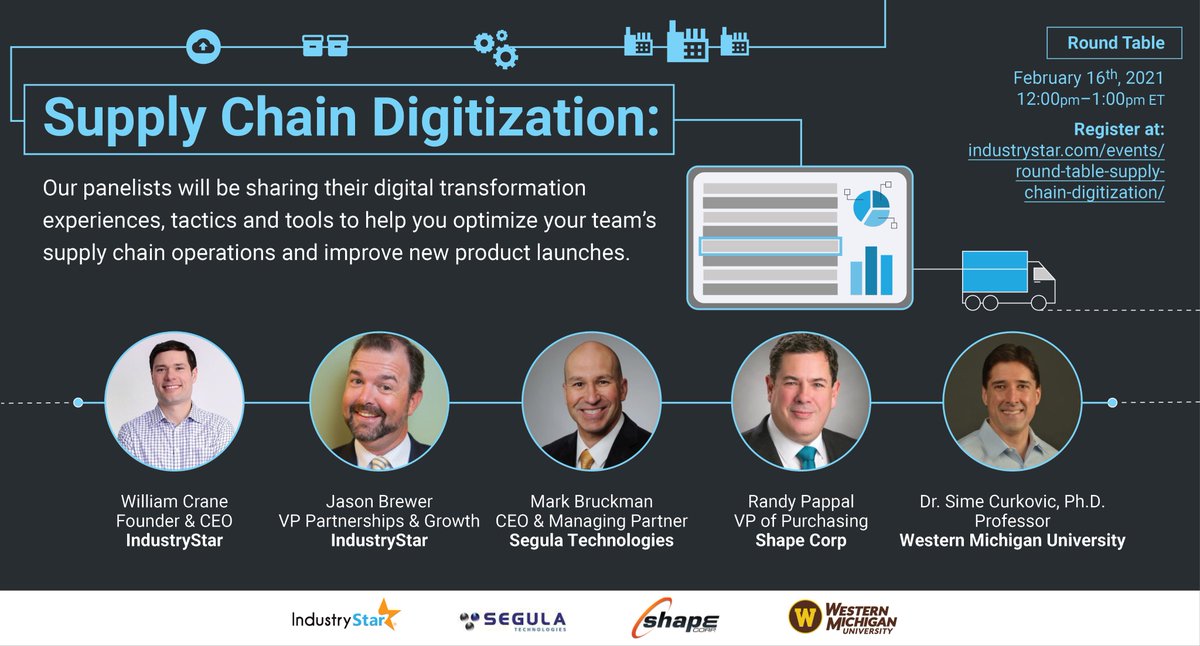 Want something to do during lunch tomorrow? Sign up for our Supply Chain Digitization Round Table event to hear our expert panelists from <a href="/segula_group/">SEGULA TECHNOLOGIES</a>, <a href="/ShapeCorp/">Shape Corp.</a>, and <a href="/HCOB/">Haworth College of Business</a> share digital transformation strategies and trends. 12:00 PM to 1:00 PM ET. 
register.gotowebinar.com/register/30405…