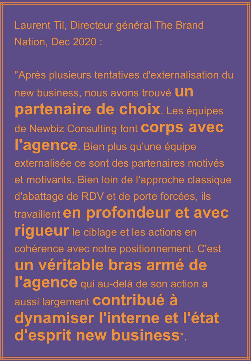 PAROLE DE CLIENT
Aujourd'hui, Il faut sans cesse repenser son modèle et bousculer ses certitudes. Encore plus pour décrocher du new business.

Plutôt que de longs discours, ce sont nos clients qui vous en parlent le mieux :

 #Business #agence #communication
