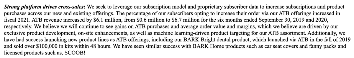 2) New product launches -the Co is able to leverage existing customers to test new products as ATB. For instance, BARK Bright dental kit was initially marketed exclusively to BarkBox and Super Chewer subscribers and sold over $100,000 in kits within 48 hours of launch.