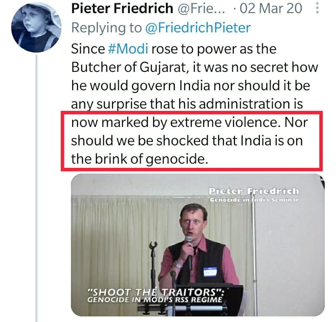 Back to Pieter. Take a glance at his work. His TL is filled with anti-BJP/RSS/Modi propaganda. From his speeches to articles, everything have few keywords in common- RSS/Fascism/gen0c!de/k!ll!ing/Kashmir/Hindutva, as if running a non-stop unrest in India is his bread & butter4/9