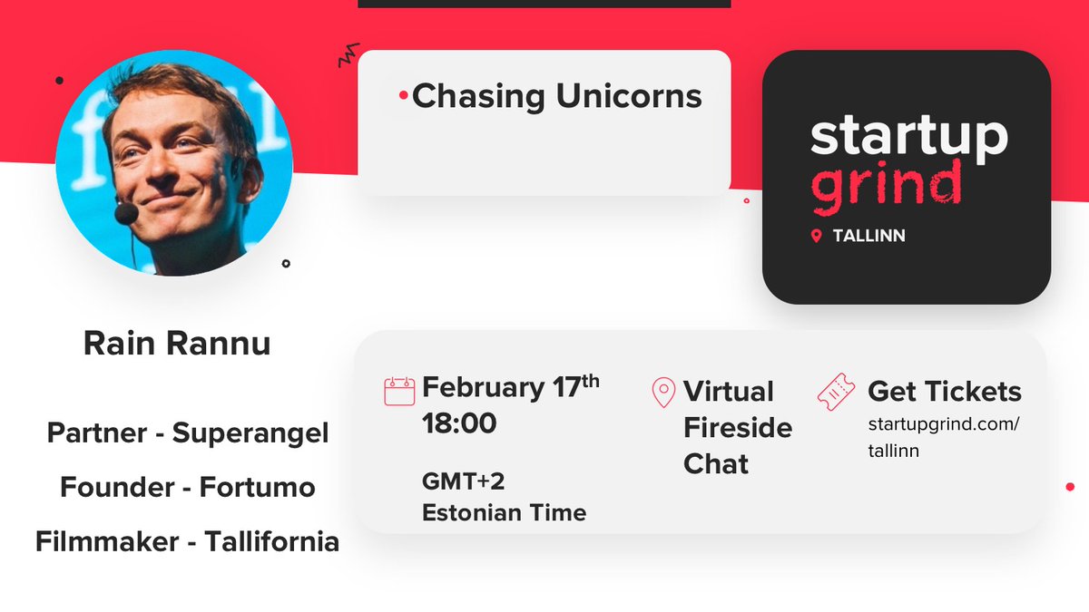 Join me this week with my great guest speaker <a href="/rainrannu/">Rain Rannu</a> on <a href="/StartupGrind/">Startup Grind</a> #Tallinn virtual fireside chat.
🔥
Among being serial #entrepreneur and angel #investor, Rain also wrote and directed the famous #startup #movie #ChasingUnicorns.
🦄
Register now👉 startupgrind.com/events/details…👈