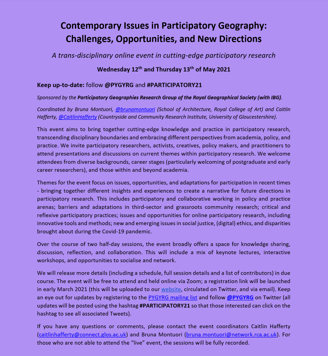 pygyrg's tweet photo. We're excited to annouce our upcoming online event: "Contemporary Issues in #Participatory #Geography", bringing together diverse cutting-edge knowledge from #research, #policy, &amp; #practice.

📅12-13th May 2021 (registration opens in March)
⬇️Details below
#PARTICIPATORY21 1/3 https://t.co/tPfWMF7dAM