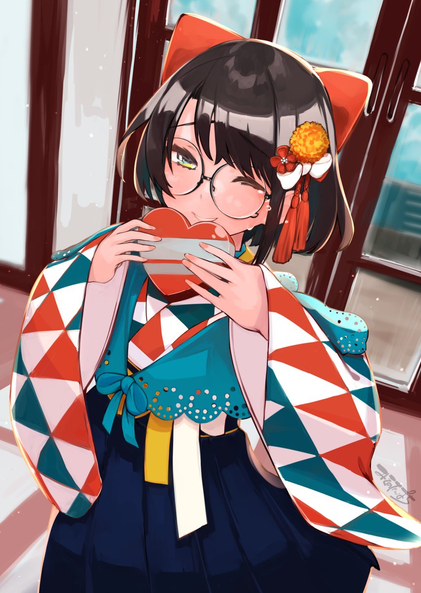 oozora subaru 1girl solo one eye closed japanese clothes short hair official alternate costume glasses  illustration images