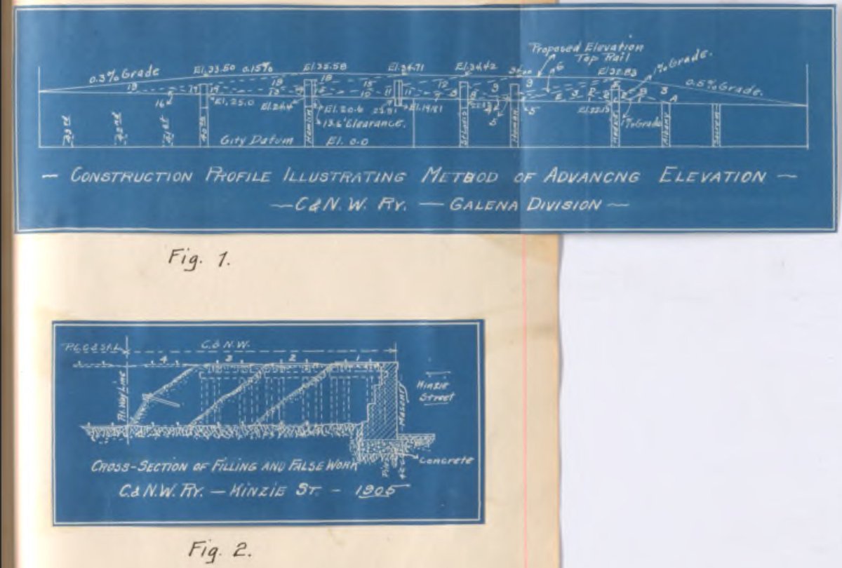 Diagrams of the Chicago & Northwest RR Galena Division track elevation project. Which is approximately the line in red on the aerial map below. You can see on cross section diagram how the northernmost track would be built 1st w/ each additional track to the south backfilled.8/