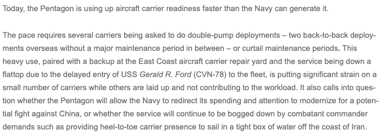 . @maeday22 put it all out here last year but the fundamentals remain true.  https://news.usni.org/2020/11/12/no-margin-left-overworked-carrier-force-struggles-to-maintain-deployments-after-decades-of-overuse